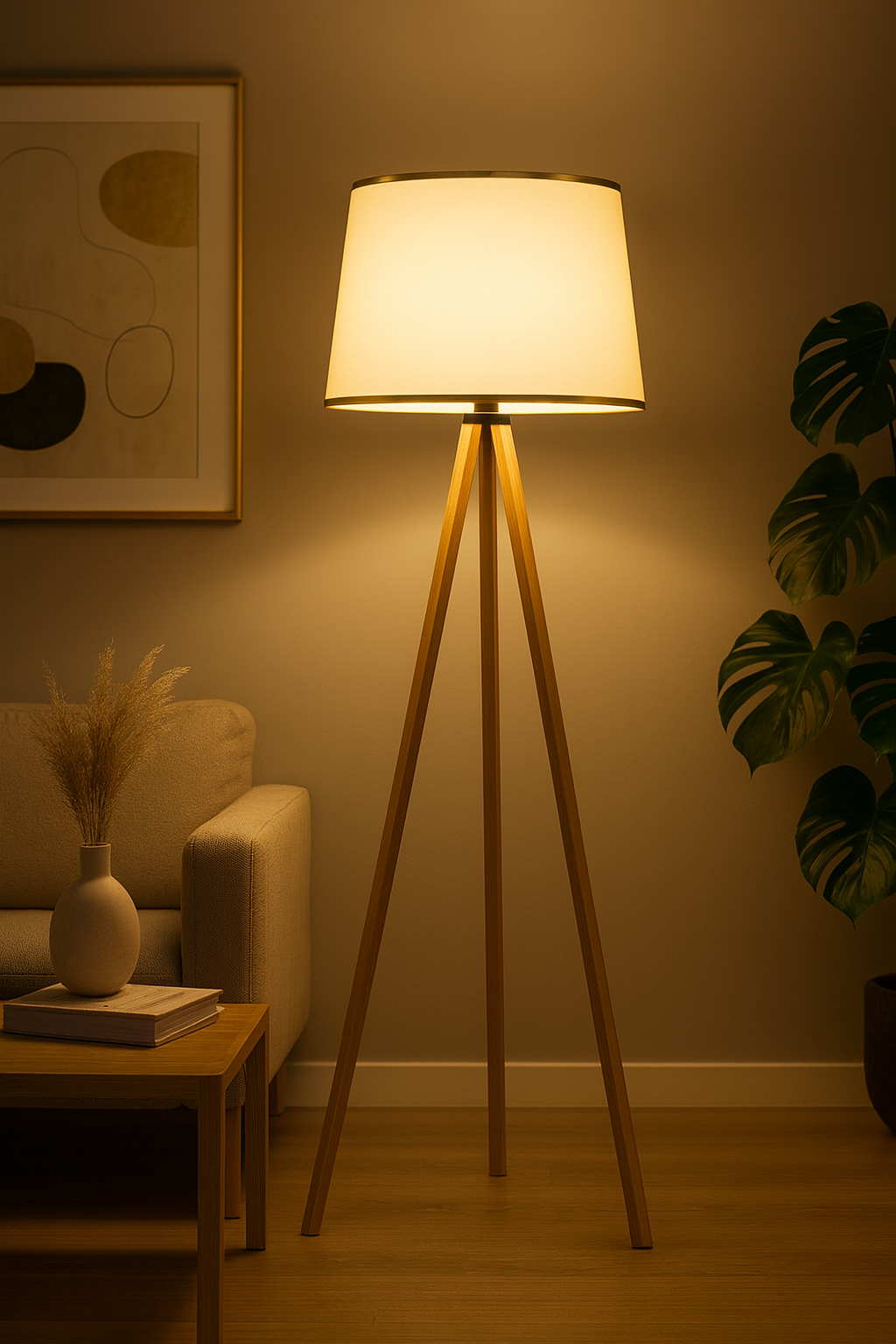 Doğal Krem Gold Şeritli Ahşap Lambader