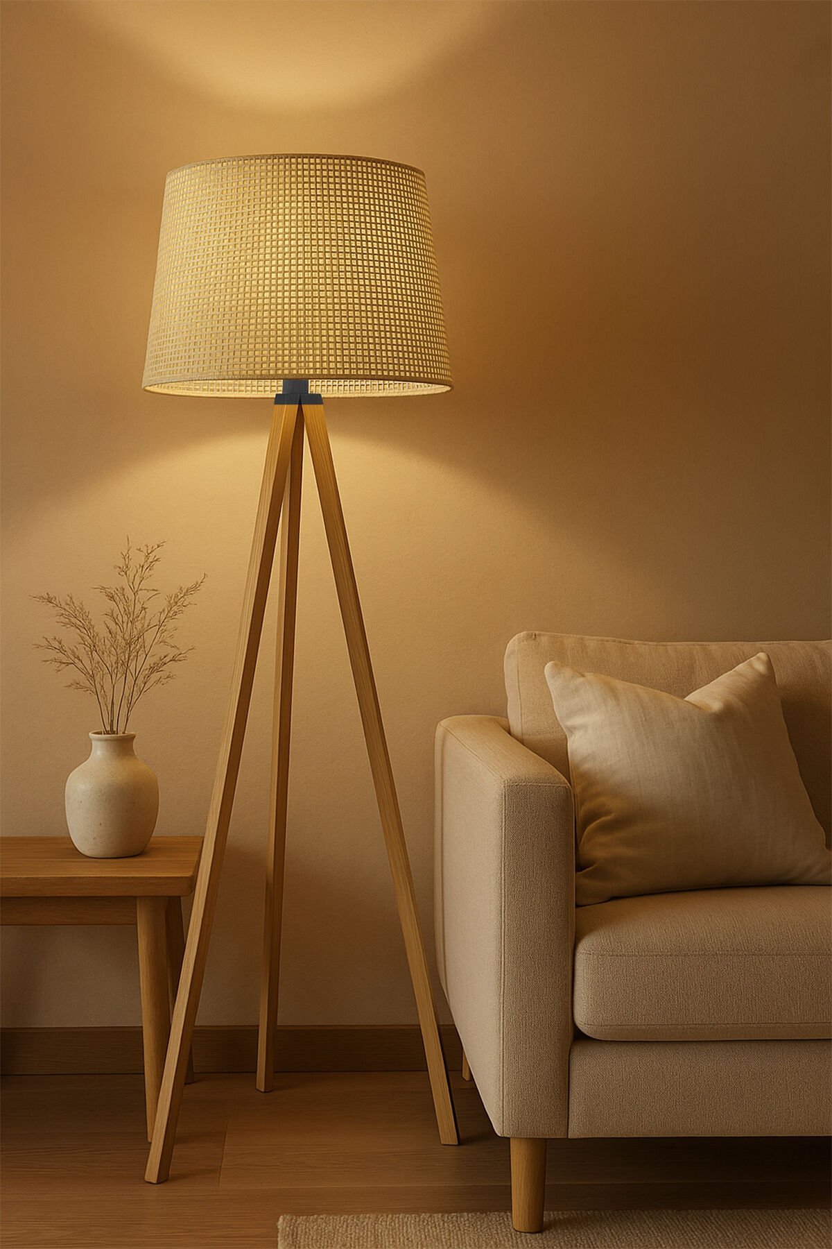 Doğal Hasır Krem Ahşap Lambader